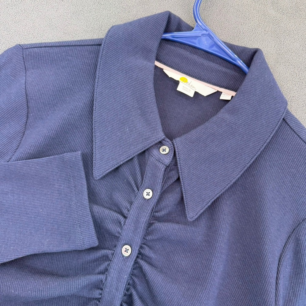 Boden Navy Blue Ruched Front Ribbed Knit Button Up Long Sleeve Top US 12P